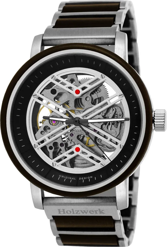 Montre squelette homme mécanique bois et acier argenté Holzwerk COCHEM