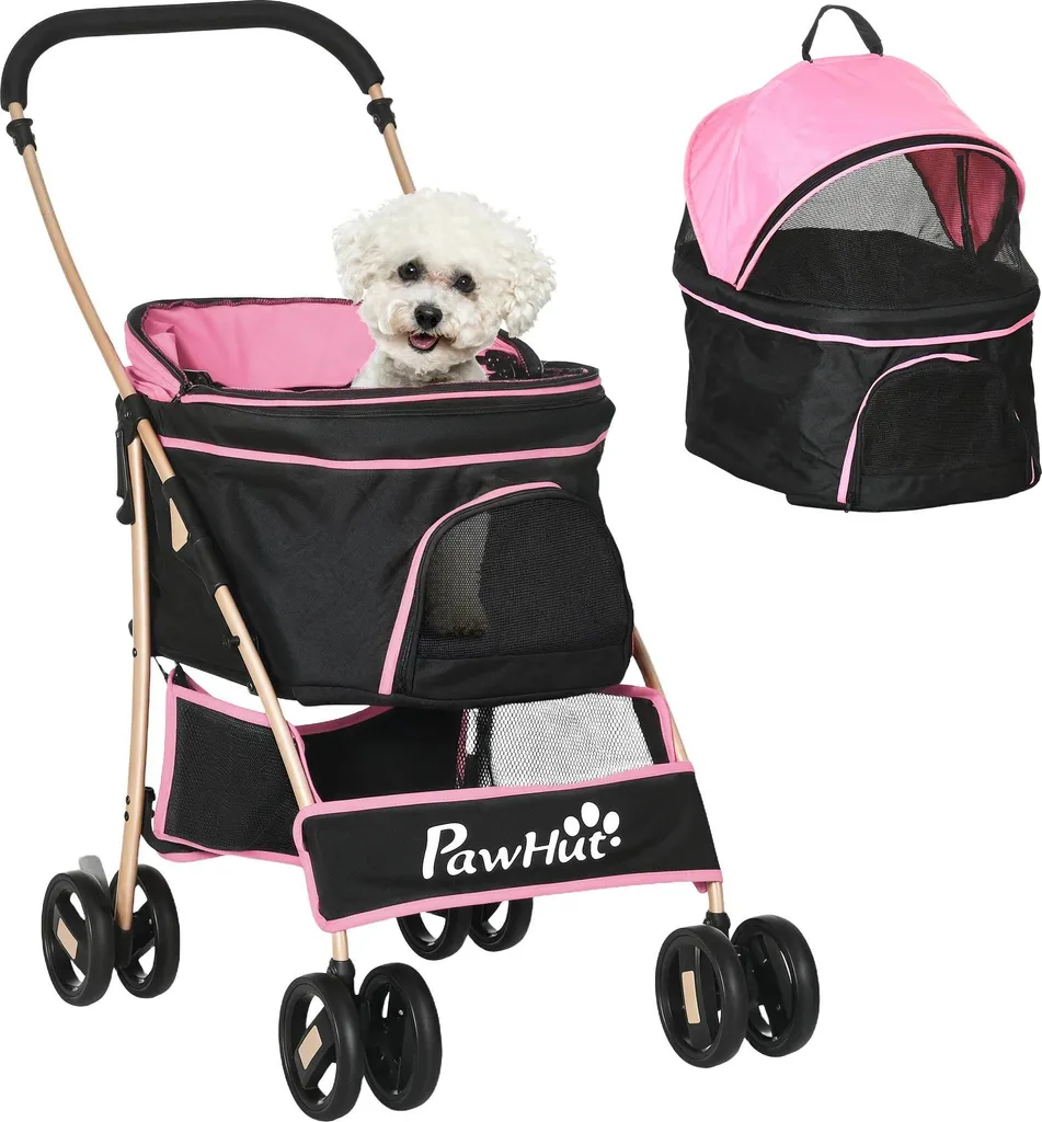 Poussette chien 3 en 1 rose - Cabine amovible et panier - 82x50x98 cm