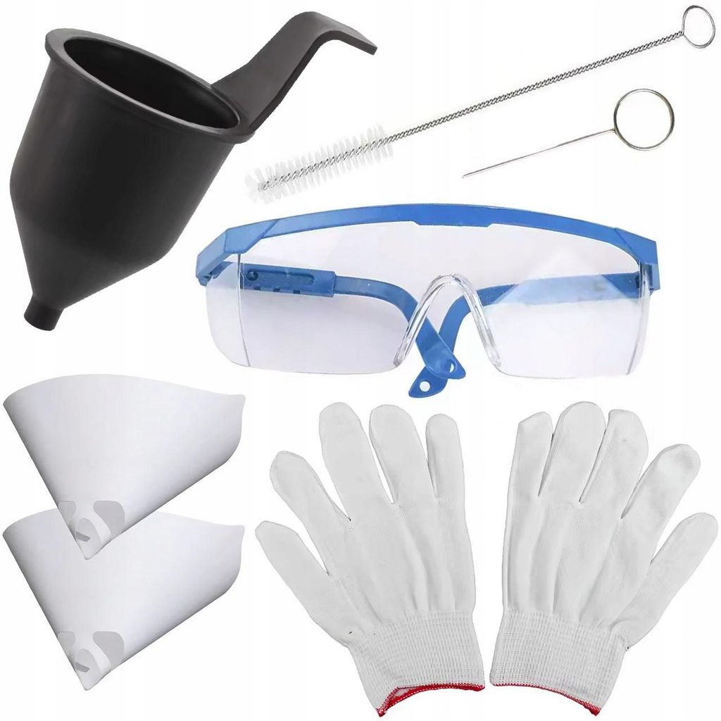 Zubehörset für Farbspritzpistolen | Viskositätsbecher | Pinsel | Reinigungsnadel | 2 Trichter | Schutzhandschuhe | Schutzbrille