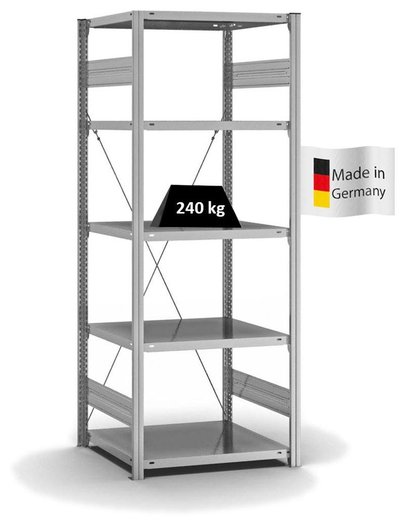 PROREGAL Fachbodenregal Stecksystem MAGNUS Germany | HxBxT 200x75x60cm | 5 Ebenen | Fachlast 240 kg | Einseitig nutzbar | Verzinkt