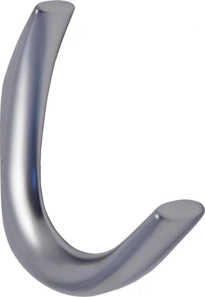 A single, silver-colored coat hook is shown against a white background.