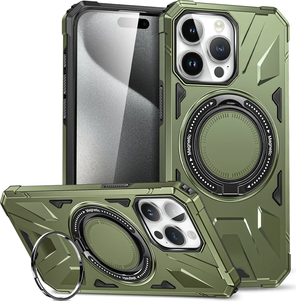 Custodia per iPhone 13 Pro a doppio strato compatibile con MagSafe, robusta custodia di protezione con supporto ad anello magnetico Verde scuro