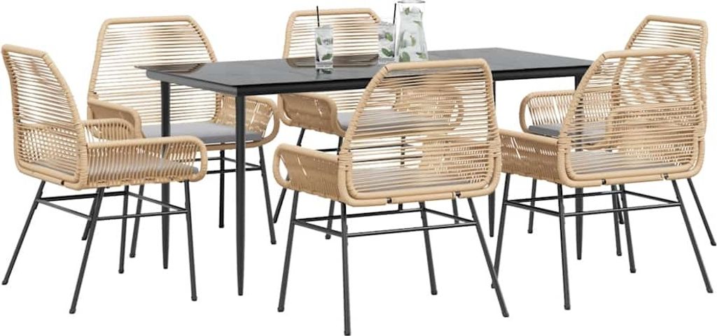 7-tlg. Garten-Essgruppe mit Kissen Braun Poly Rattan Glas