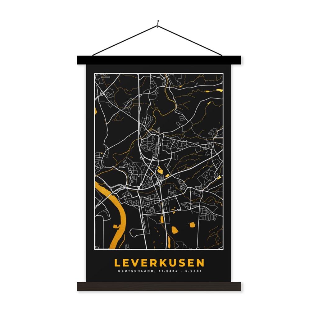 MuchoWow Textilposter Leverkusen - Gold - Stadtplan - Deutschland - Karte 60x90 cm mit schwarzem Rahmen - Poster Wohnzimmer