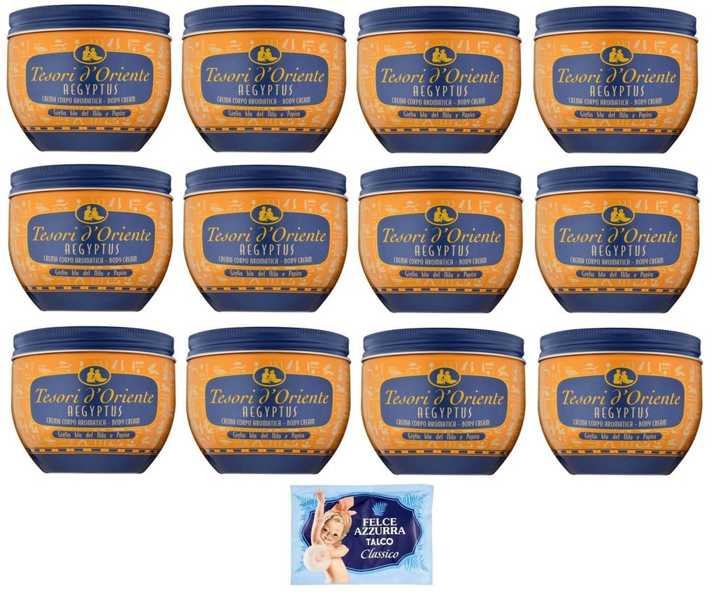 12er-Pack Tesori d’Oriente Crema Corpo Aegyptus,Körpercreme Blaue Lilie des Nils und Papyrusmilch,300ml + 1er-Pack Felce Azzurra Talkumpuder, 10...