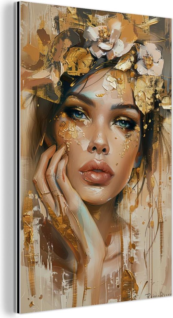 MuchoWow Wanddekoration Metall Metallbild Wandkunst 20x30 cm Frau - Blumen - Gold - Porträt MuchoWow Aluminium Gemälde - Alu Dibond Bild