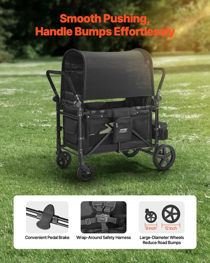 Grande poussette multiplace pliable pour 4 enfants avec canopy noir - 4