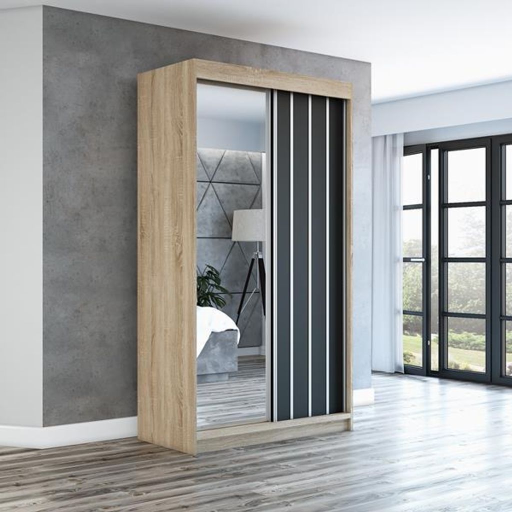 Schwebetürenschrank, 2-türig Schrank mit Spiegel! Moderne Garderobe für Kleidung. Verschiedene Farben (Weiß, Schwarz, Somona) Kleiderschrank VI...