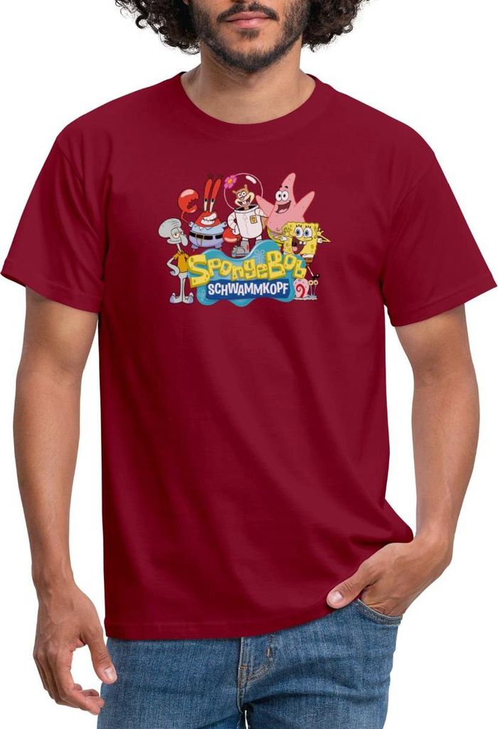 Spreadshirt SpongeBob Schwammkopf Logo Patrick Thaddäus Krabs Männer T-Shirt, XXL, Ziegelrot