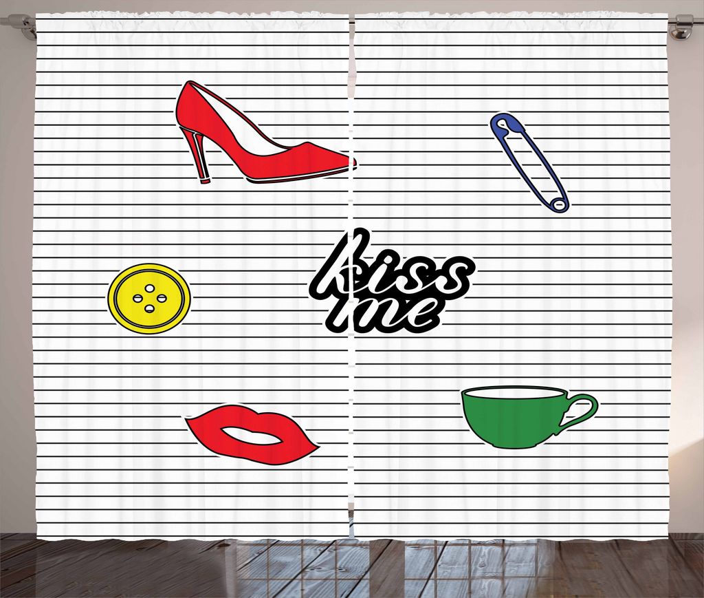 ABAKUHAUS Küss mich Rustikaler Gardine, Retro Aufkleber-Muster, Schlafzimmer Kräuselband Vorhang mit Schlaufen und Haken, 280 x 175 cm, Mehrfarbig