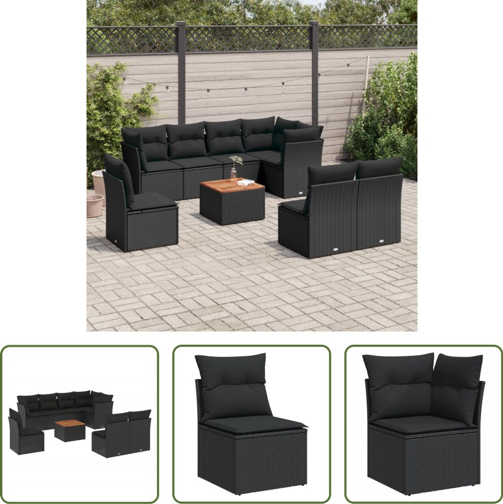 The Living Store 9-tlg. Garten-Sofagarnitur mit Kissen Schwarz Poly Rattan
