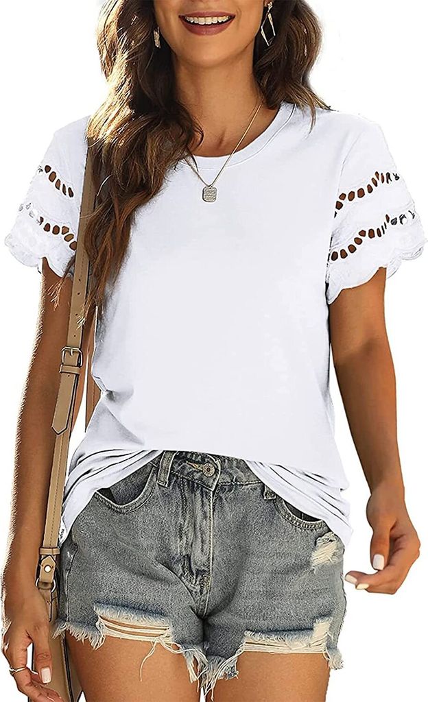 ASKSA Damen T-Shirt Rundhals Kurzarm Oberteile Sommer Einfarbig Blusen Tops, Weiß, XXL