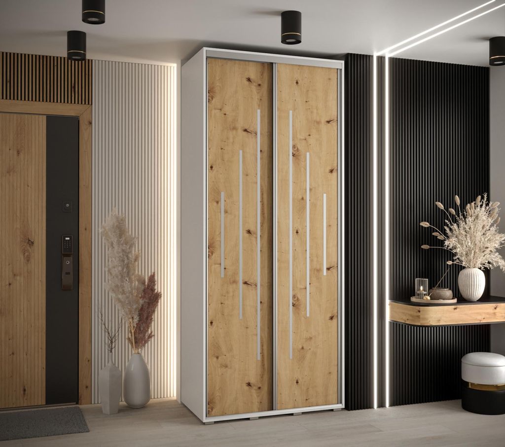 Kleiderschrank YVONA 12 - 100/60 cm, weiß / Eiche handwerklich / silber