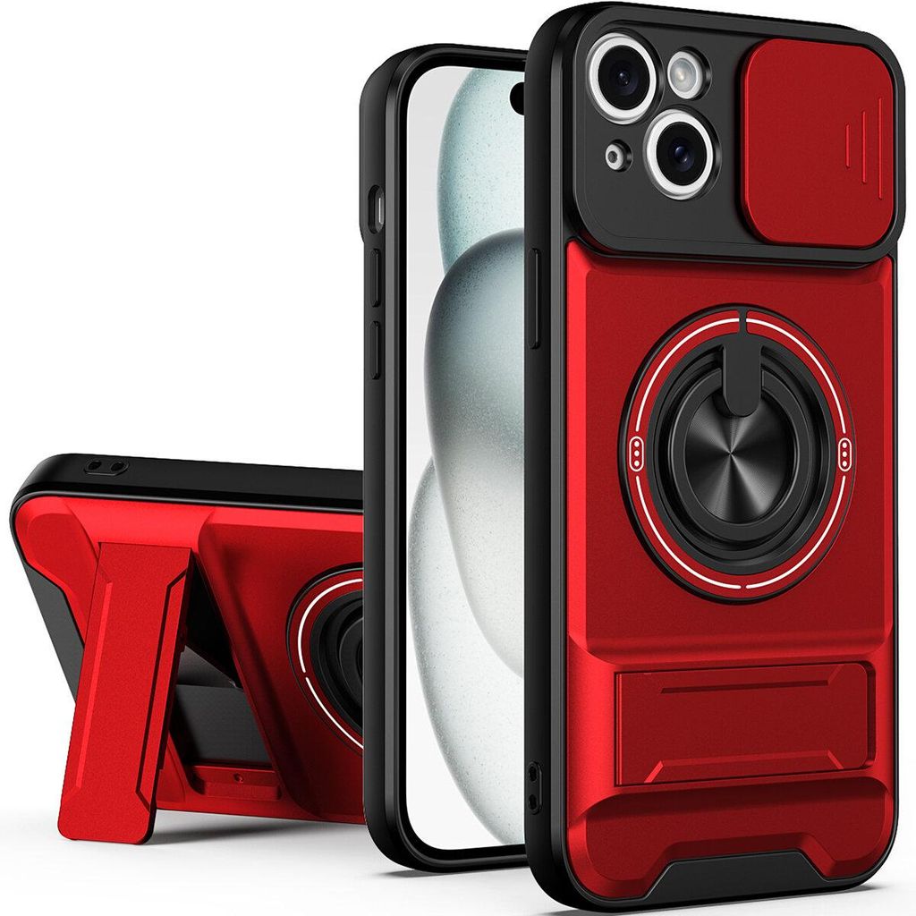 Magnetisch Hülle für iPhone 15 Plus Militär Stoßfest Hülle mit Dia Kameraschutz und Ringhalter Ständer Rot