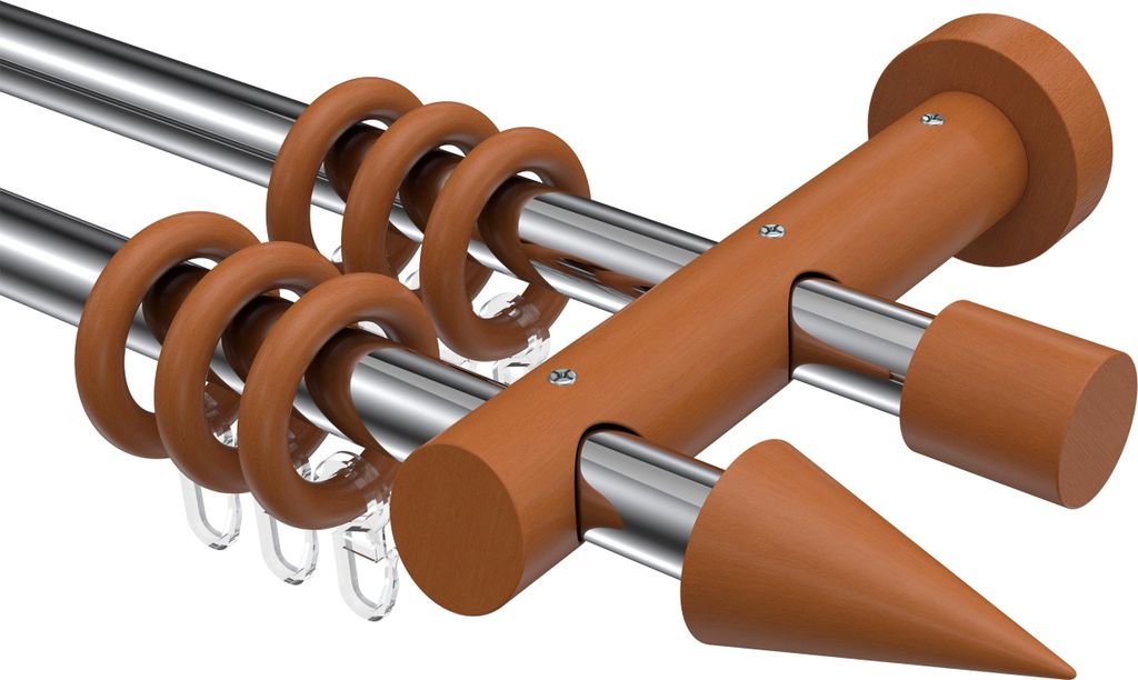 Interdeco Gardinenstange / Vorhangstange Chrom / Kirschbaum lackiert, Typ Talena Siveo (Kegel), 20 mm Ø 2-läufig, 420 cm