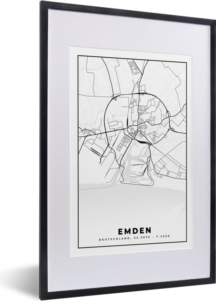 MuchoWow Gerahmtes Poster Karte - Emden - Stadtplan 40x60 cm - Poster mit Schwarzem Bilderrahmen Wandposter Rahmen Foto Bilder - Poster in Rahmen