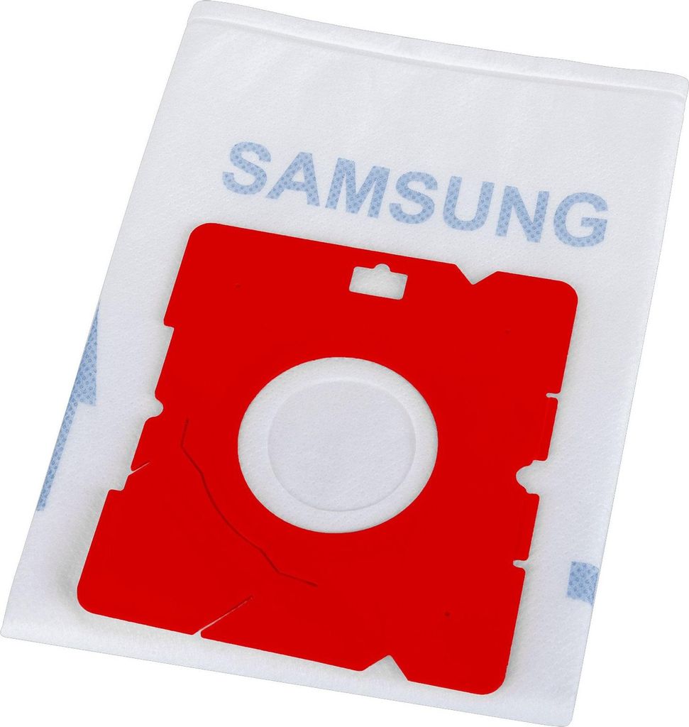 A white vacuum cleaner bag with a red dust collector.
