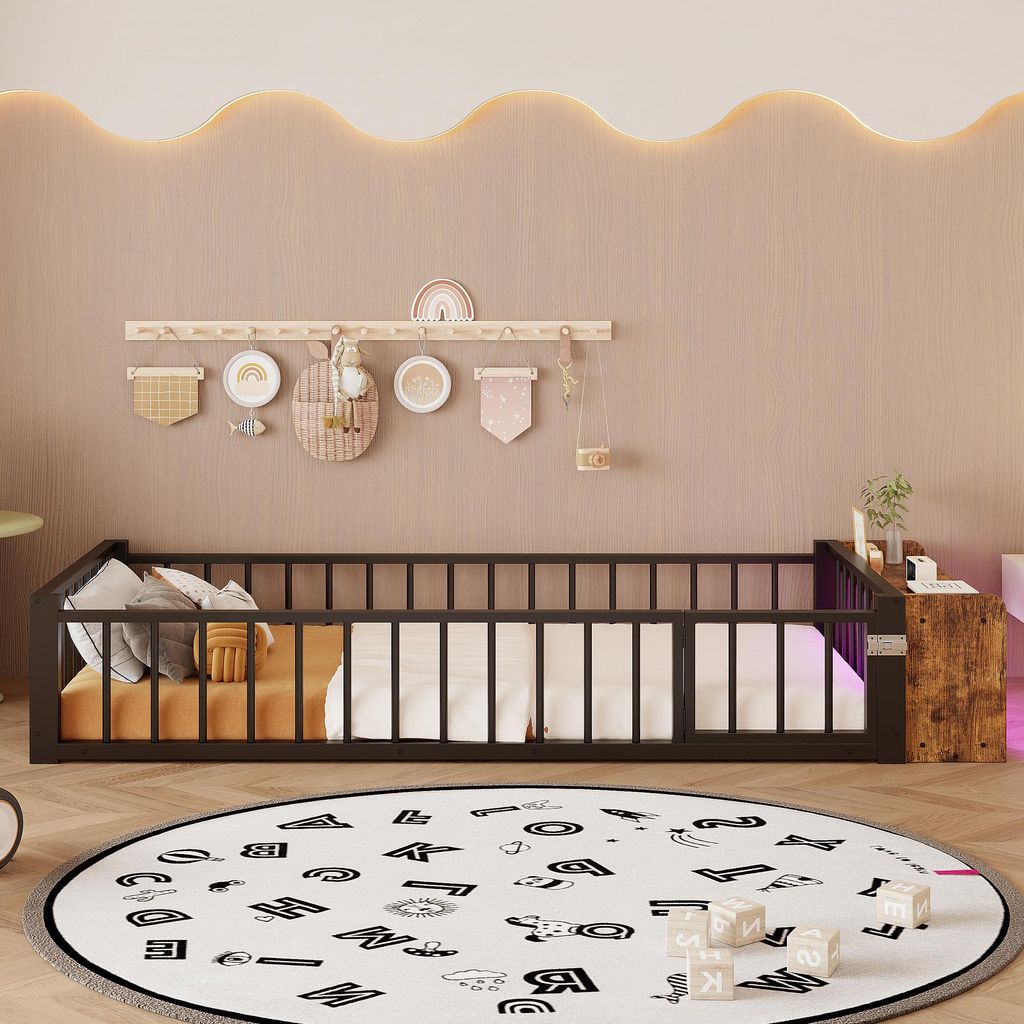 okwish Kinderbett 90x200 Flachbett mit Schließfächern und Schutzgeländer Einzelbett Metallbett mit LED Beleuchtung Bettgestell mit einer kleinen...