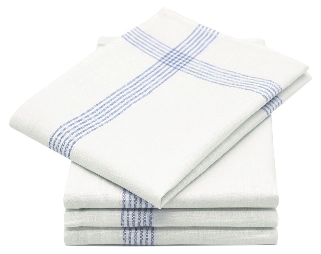 A stack of white kitchen towels with blue stripes.