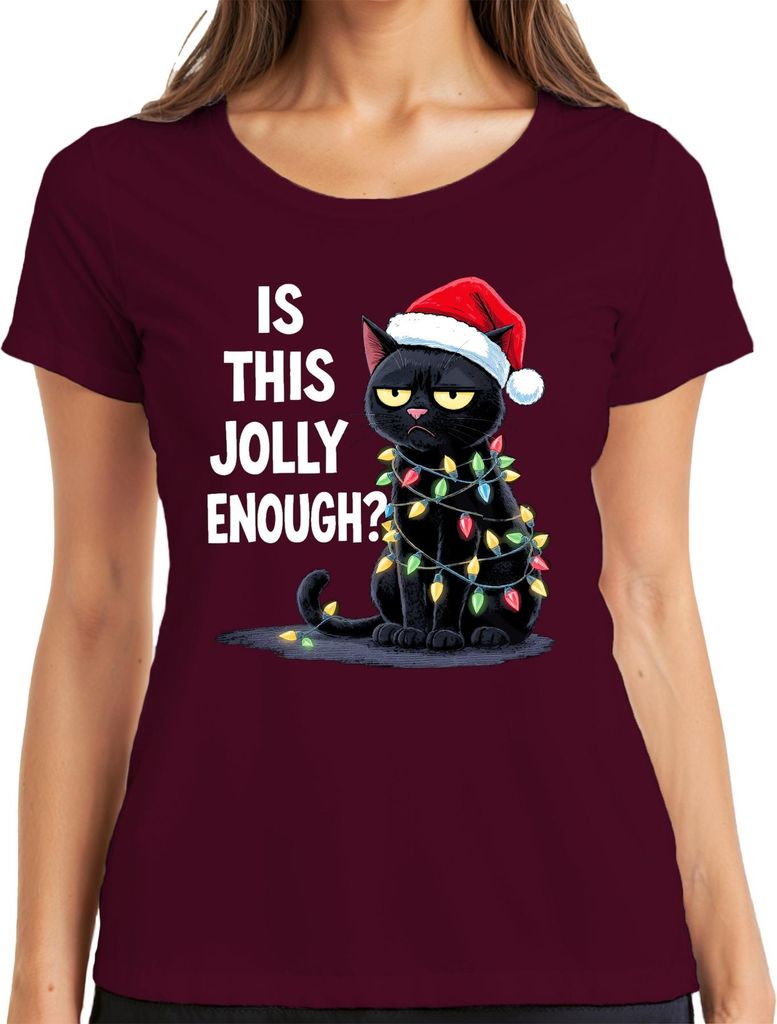 IS THIS JOLLY ENOUGH? weihnachtskatze sarkastisch weihnachtsmütze Damen T-Shirt, Burgundy, XXL