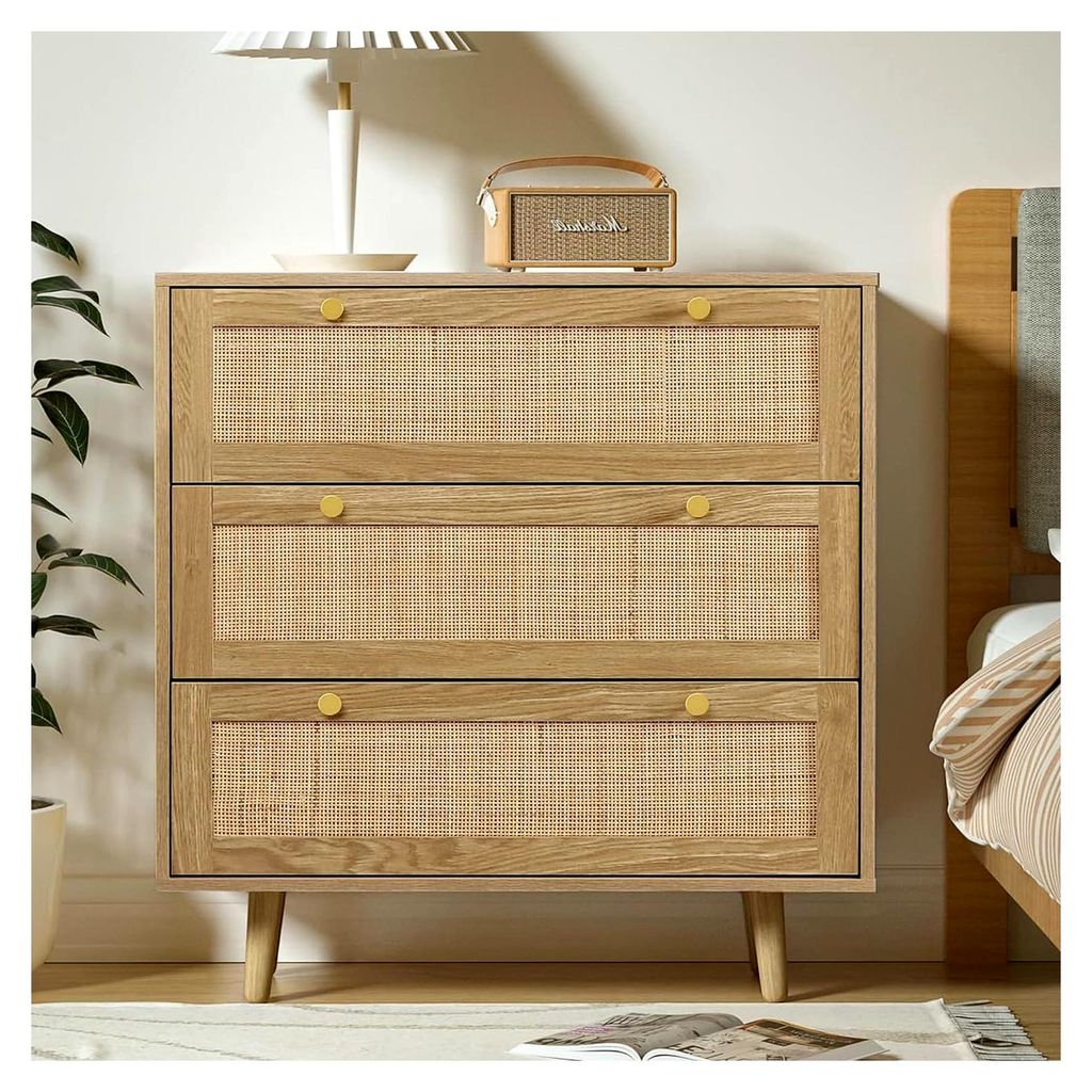Kommode aus natürlichem Rattan für das Schlafzimmer, mit 3 Schubladen in Eiche, viel Stauraum, Holzschubladenkommode für Schlafzimmer, Wohnzimme...