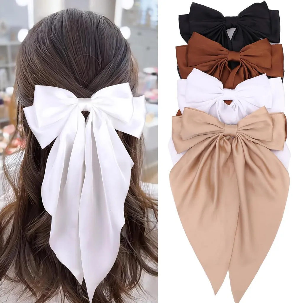 Grand nœud cheveux satiné extra-long, barrette souple couleur naturelle