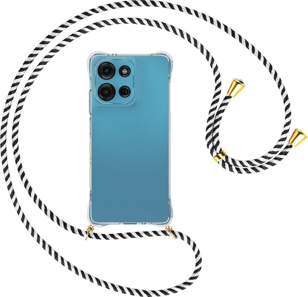 Handykette Backcover-Schutzhülle mit Band (Metall goldfarben) für Motorola Moto G75 5G - schwarz/weiß gestreift