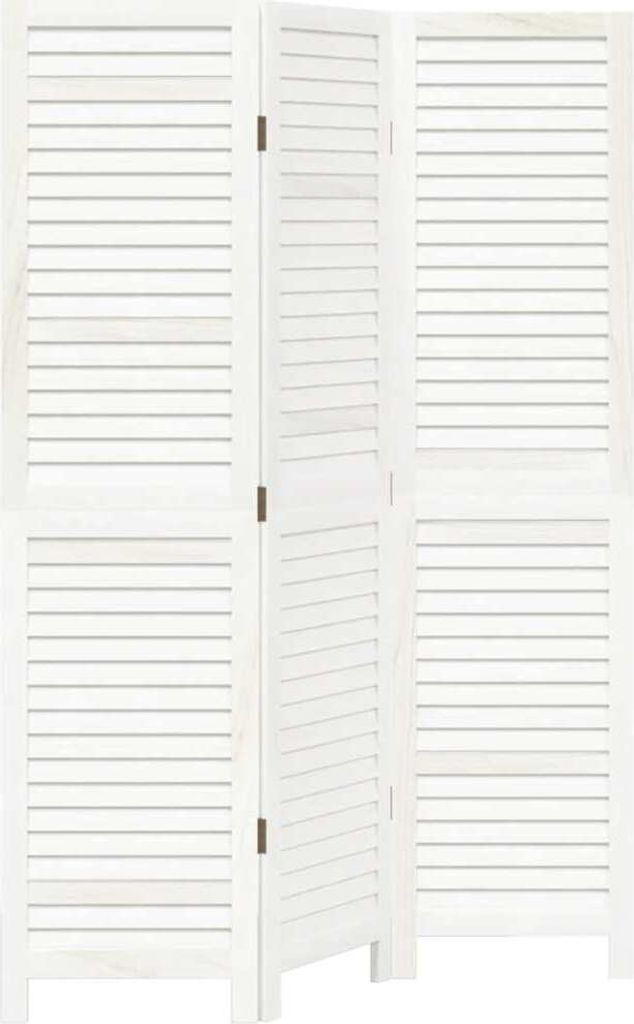 A white, three-panel room divider with slatted panels.