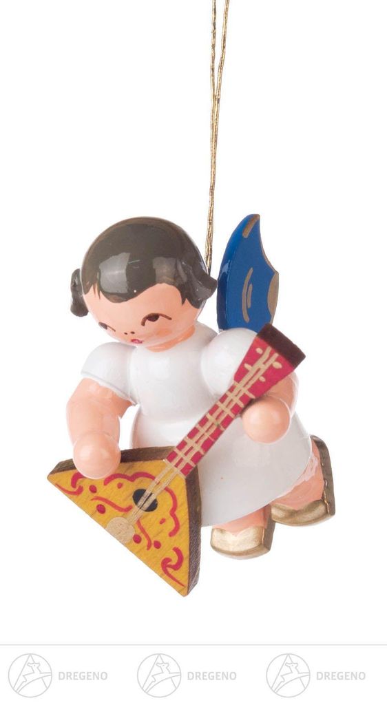 Christbaumschmuck Engel mit Balalaika - Blaue Flügel - schwebend (5,5cm) von Kunstgewerbe Uhlig