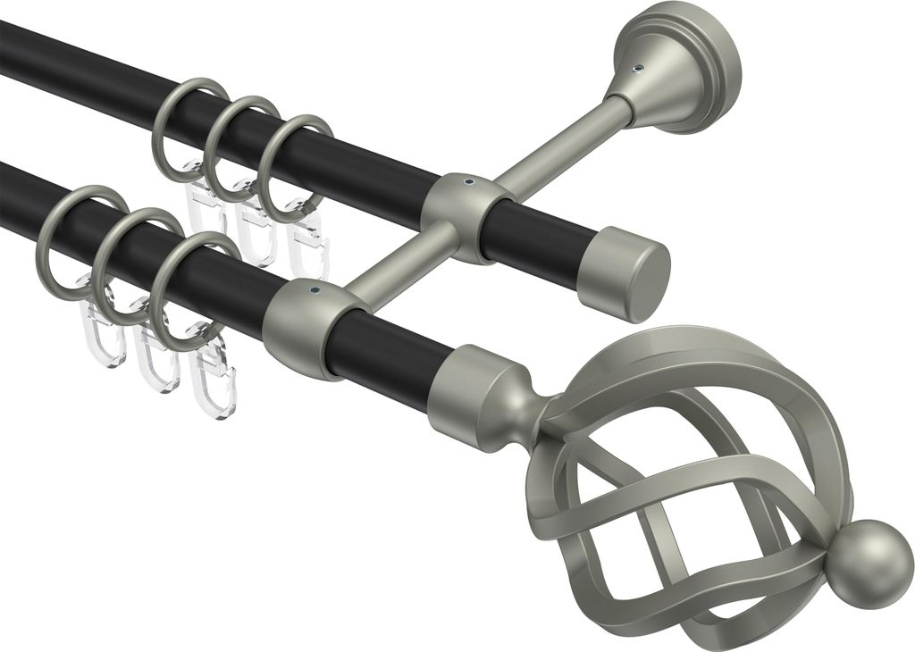 Interdeco Gardinenstange / Vorhangstange Schwarz / Chrom matt, Typ Primus Paolo (Schmiedekugel), 16 mm Ø 2-läufig, 540 cm