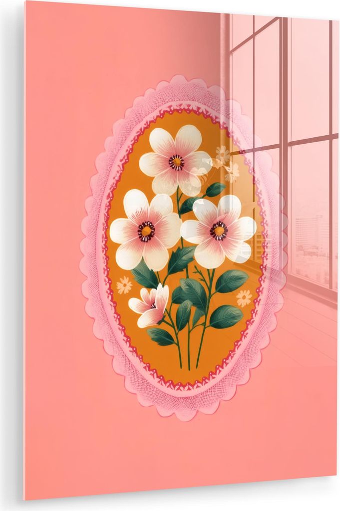 MuchoWow Glasbilder - Bilder auf Wandbild - Foto auf Glas Illustration - Blumen - Bordüre - Rosa 30x40 cm Wanddekoration aus Glas - Acrylglasbild ...