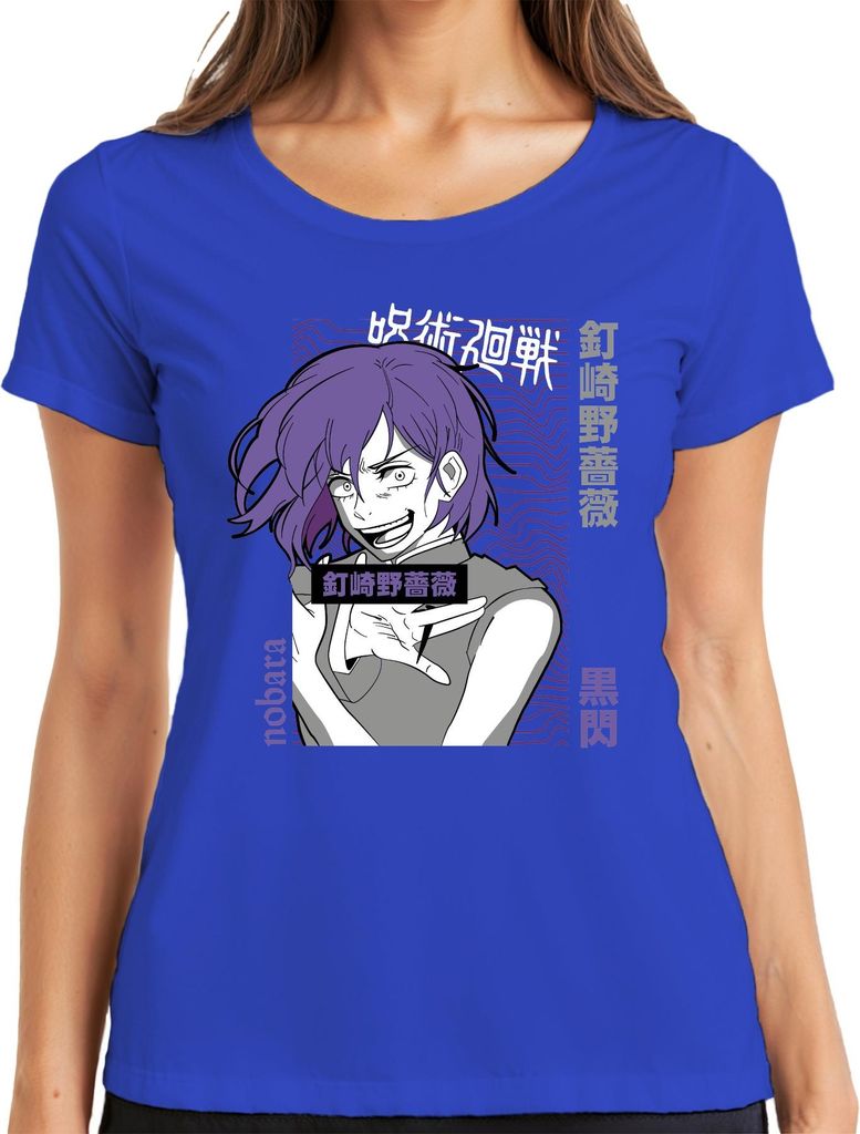 Jujutsu Kaisen Nobara Kugisaki 釘崎野薔薇 lila Haar Anime Geschenk Damen T-Shirt, Blau, S