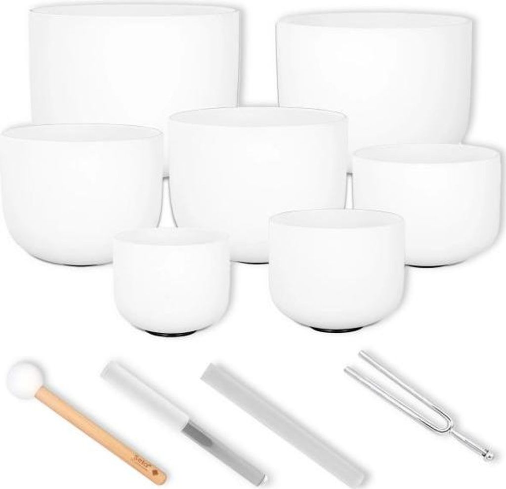 Sela Klangschalen Set SECF-SET 7-teilig aus Quarz mit Stimmgabel
