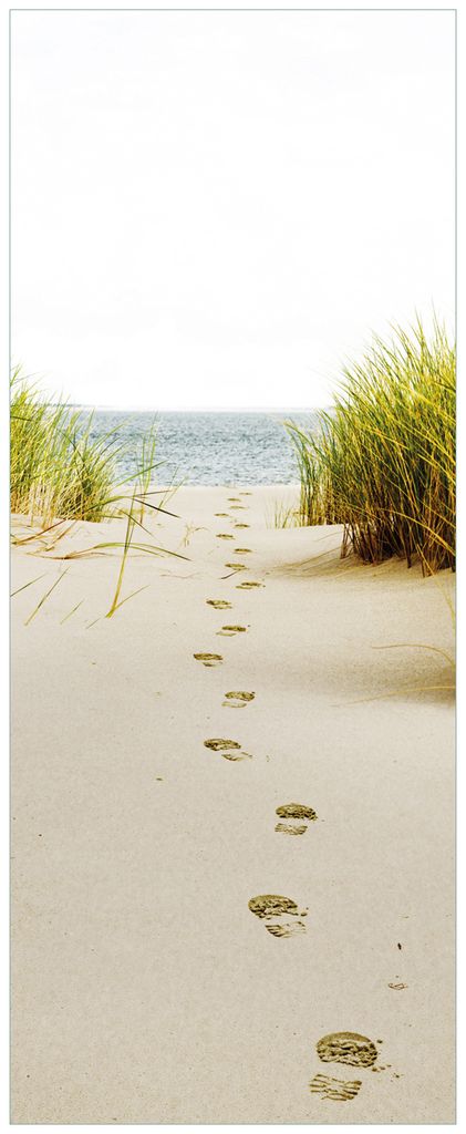 Wallario Premium Glasbild, freischwebende Optik, kräftige Farben, Größe 80 x 32 cm Motiv Spuren im Sand- Fußspuren durch die Düne zum Meer