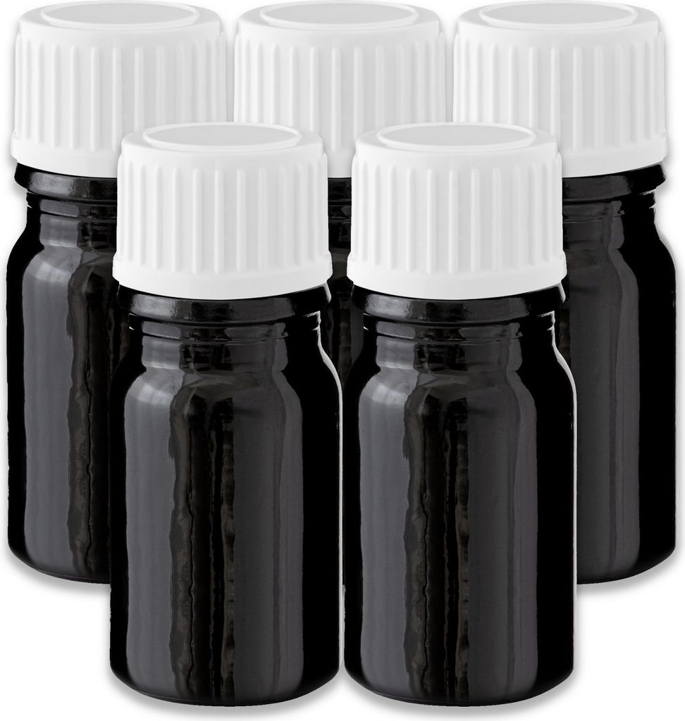 5x Glasflasche schwarz 5 ml mit weißem PP Verschluss Kosmetikflaschen