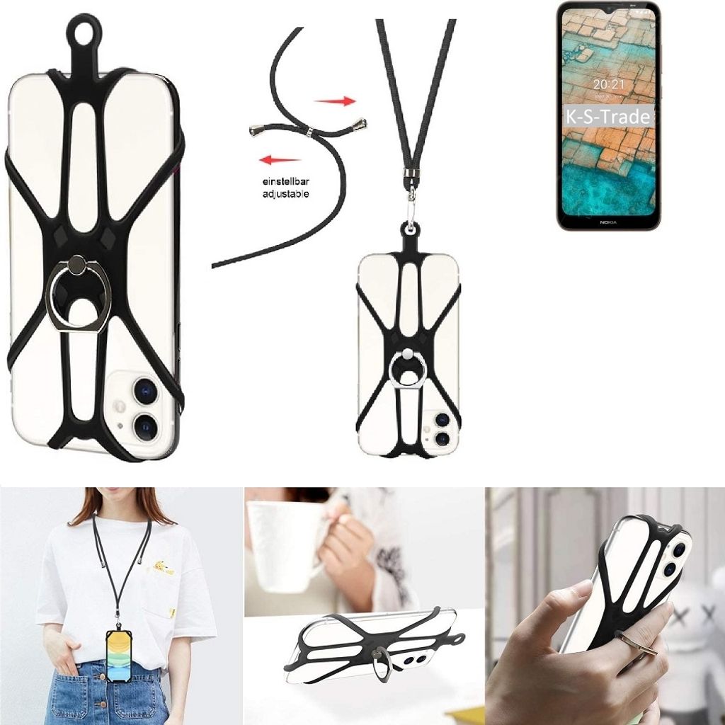 K-S-Trade 3in1 Handykette Handyband Handykordel Halsband Smartphone-Ring Handy-Ring kompatibel mit Nokia C20 Fingerhalterung Handyring Tischständer