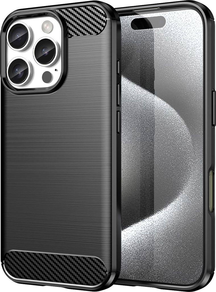 A black carbon fiber phone case for an iPhone 16 Pro is shown diagonally against a light gray background.