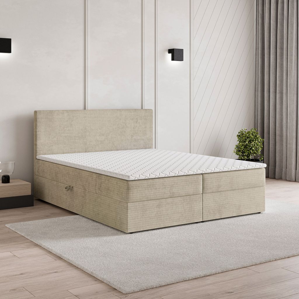 Masseno Boxspringbett NIRA 140x200 cm Komplett-Set mit Bonell Matratze und Topper, Polsterbett mit Bettkästen -Creme, ROMA 03