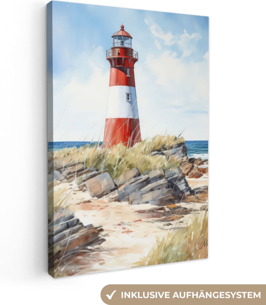 MuchoWow - Leinwandbilder - Leuchtturm - Felsen - Meer - Natur - Maritim, Wandbild, Wanddeko Bilder Wohnzimmer, 40x60 cm