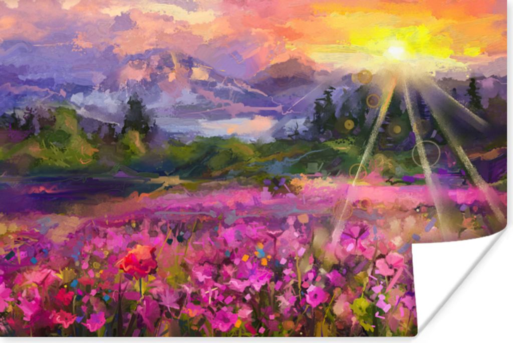 MuchoWow Poster Gemälde - Ölfarbe - Blumen - Natur - Sonne 120x80 cm - Bilder
