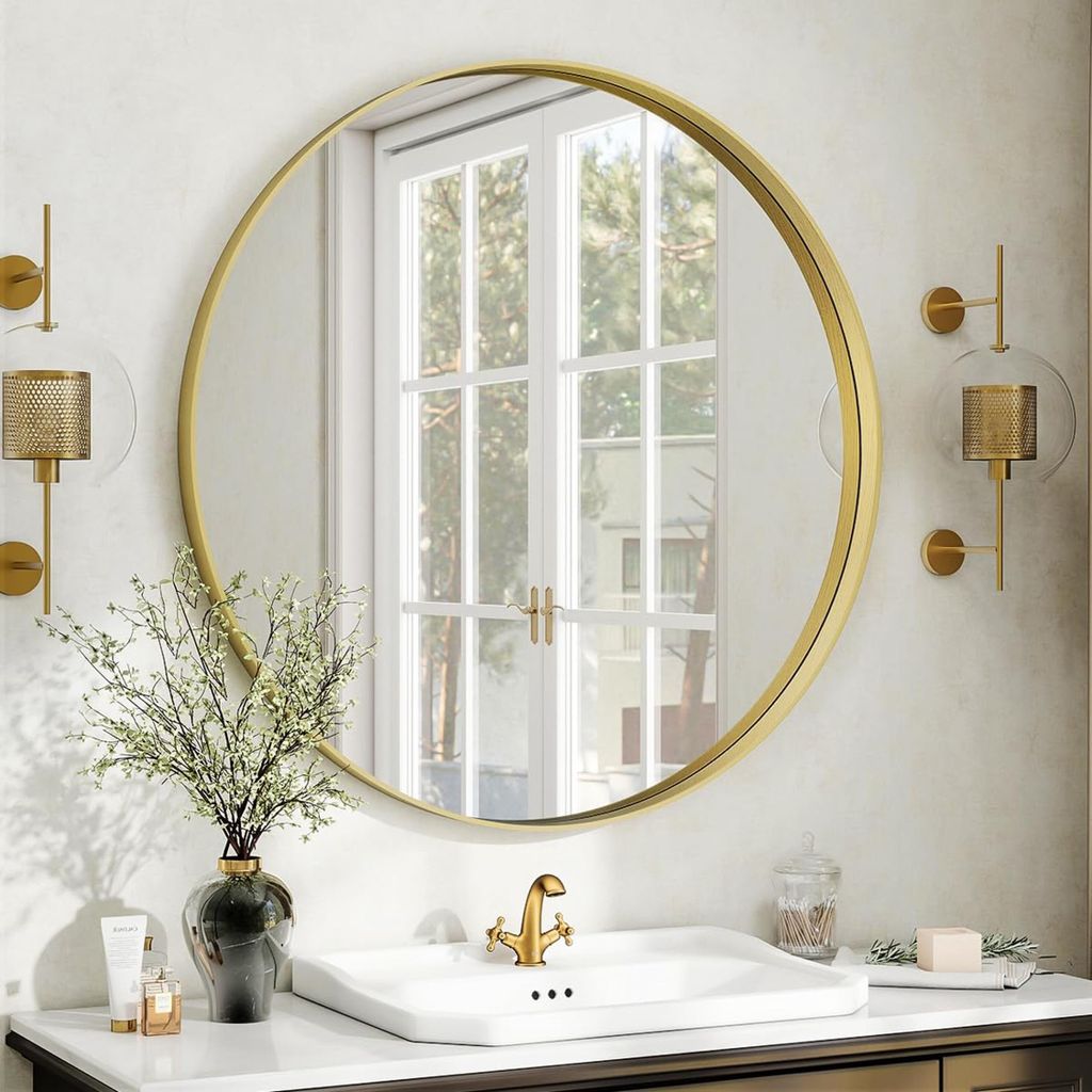r runder Wandspiegel mit tiefem Rahmen und gebürstetem Metallrahmen für Badezimmer, Wohnzimmer und Eingangsbereich, gold, 76 cm
