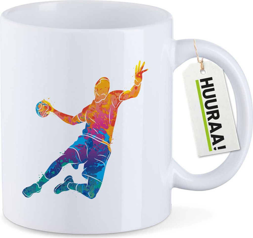Huuraa Kaffeetasse Handball bunte Silhouette 330ml Weiß Keramik Kaffeebecher Geschenkidee