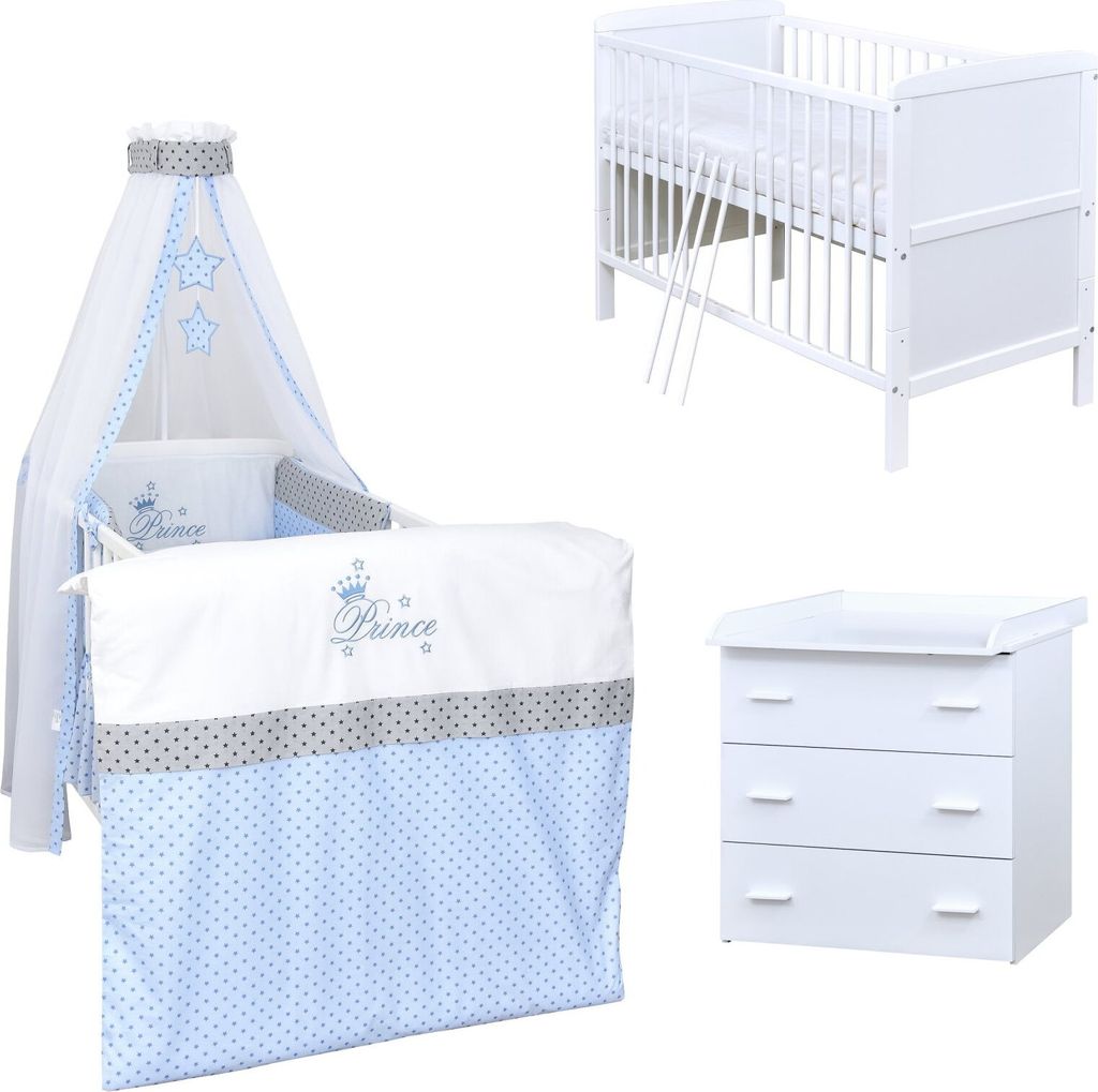 Baby-Delux Babyzimmer Babybett Wickelkommode Weiss Bettwäsche Komplett Set Prince Stars