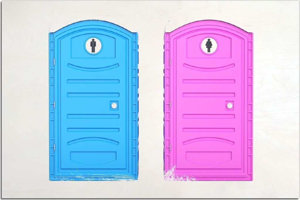 Kunstdrucke Wandbilder Holz in : Brillante Farben, Größe 60 x 90 cm Motiv Klo-Häuschen blau und pink Herren und Damen nebeneinander