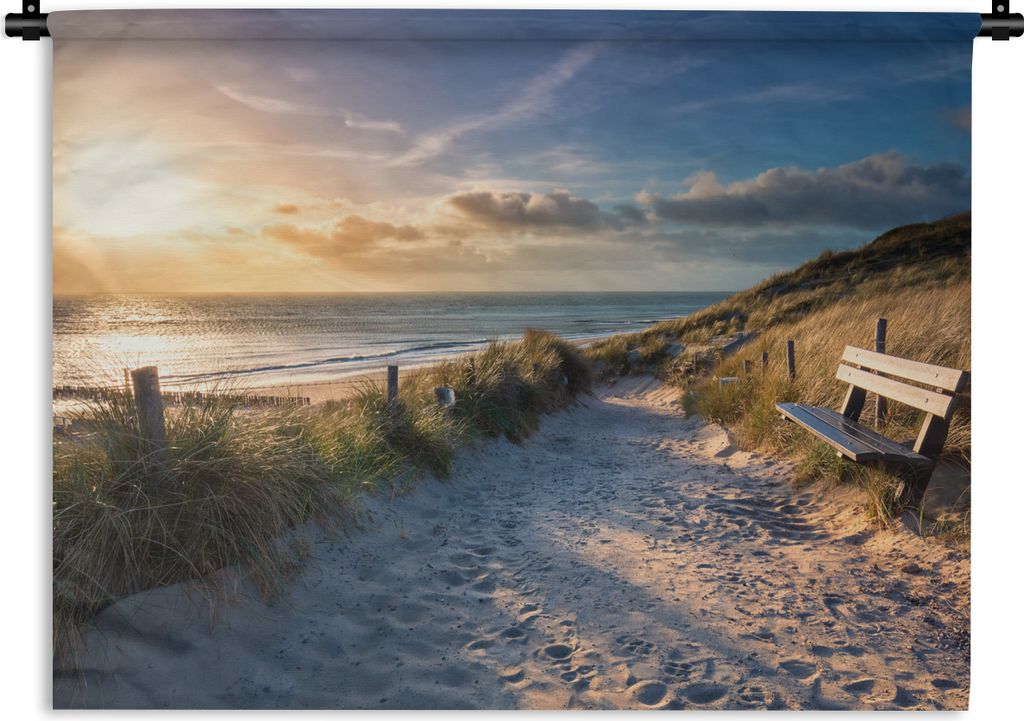 MuchoWow Wandteppich Wandbehang Sonnenuntergang - Strand - Düne - Gras - Bank 120x90 cm Tapisserie Dekoration Wandtuch - Wohnen - Aufhänger fü...