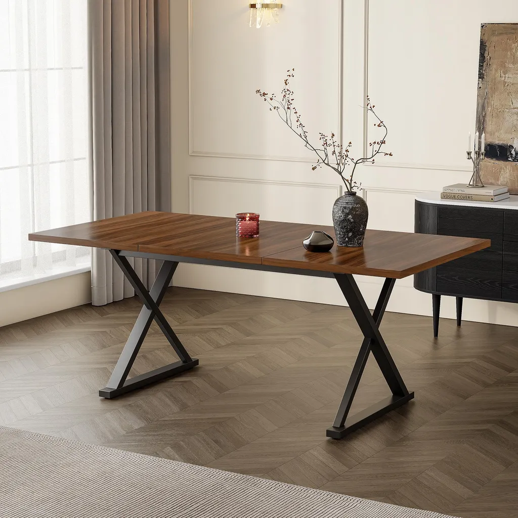 Table de salle à manger robuste 180x90 cm design industriel noyer et noir