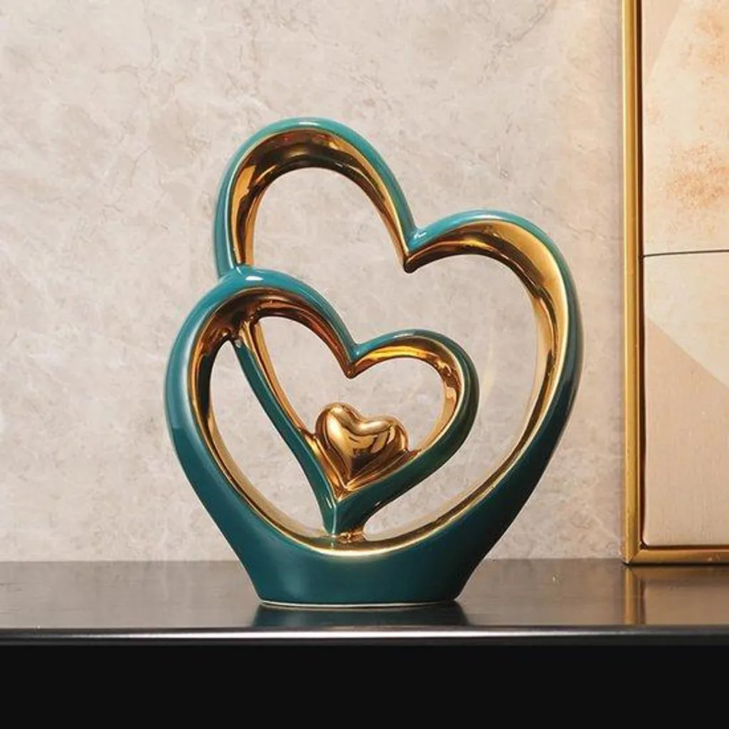Cadeau de mariage double cœur céramique déco salon romantique 20cm