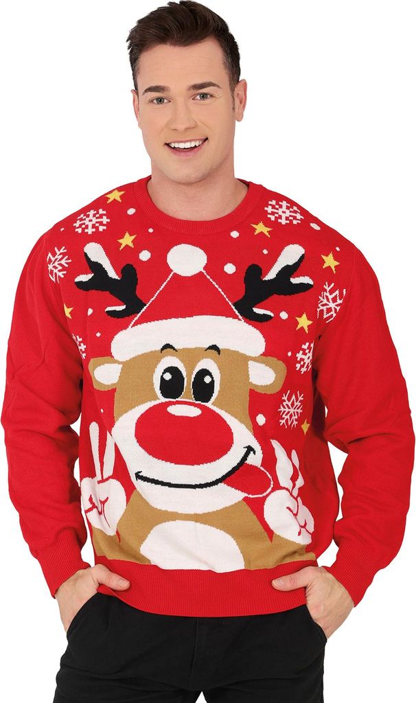 Weihnachtspullover Rot mit Rentier-Motiv von Vorne