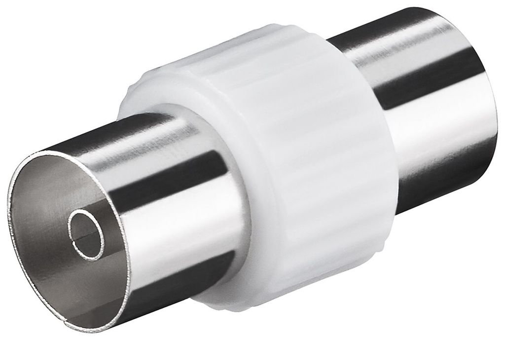 A close-up studio shot of a coaxial adapter.