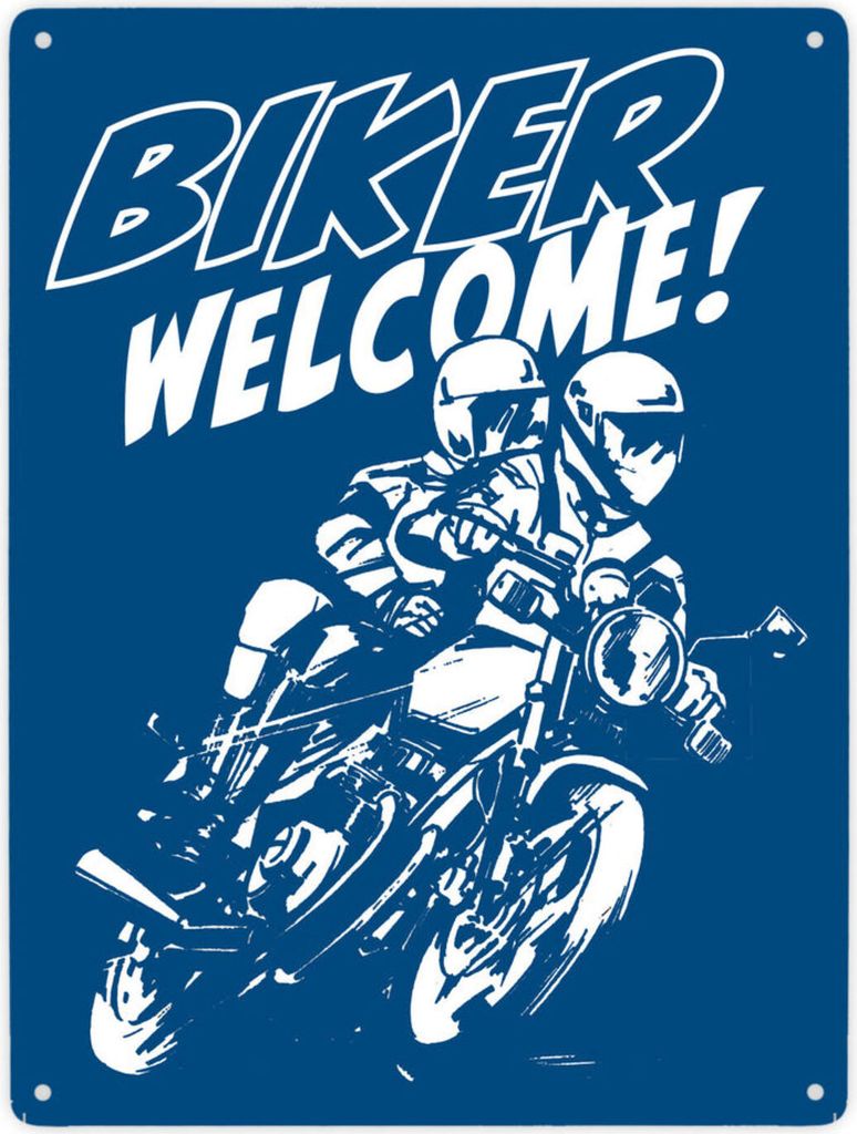 Biker Welcome Metallschild XXL in 28x38 cm in Blau zum Thema Motorrad fahren